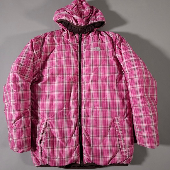 The North Face Other - The North Face Puffer Jacket Girls XL Pink Plaid Brown Reversible 550 Down